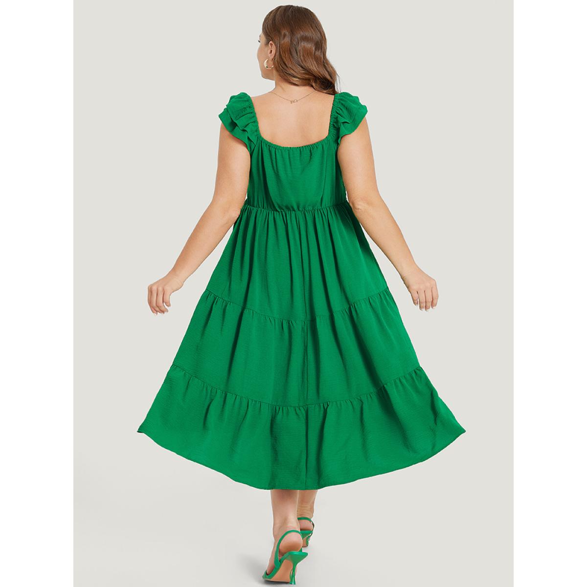 Plus Size Plain Ruffle Tiered Pocket Elastic Waist Cami Dress Green Women Elegant Gathered V-neck Sleeveless Curvy Midi Dress BloomChic 18-20/2X Product Image