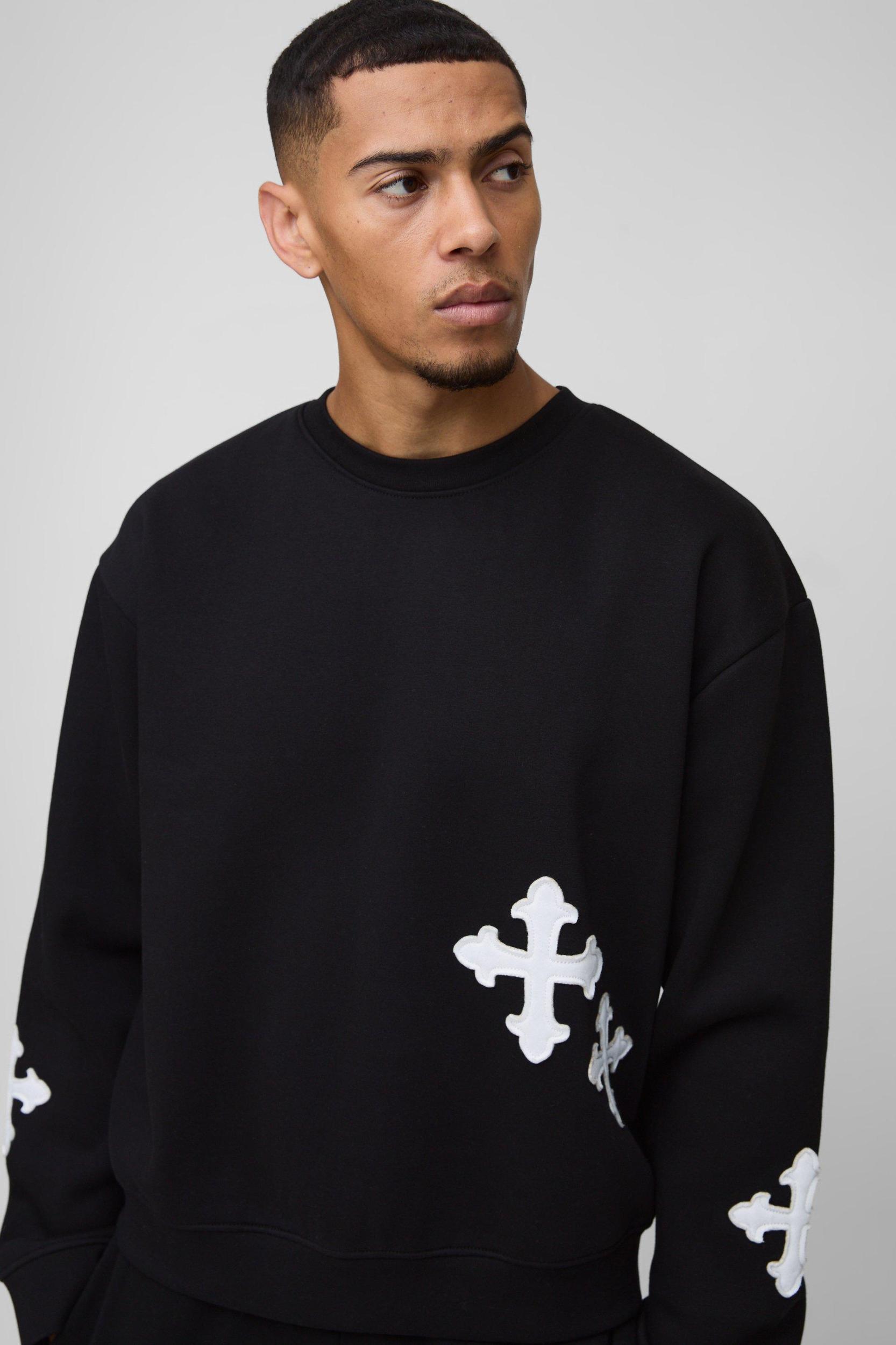 Oversized Boxy Gothic Cross Applique Sweatshirt | boohooMAN USA Product Image