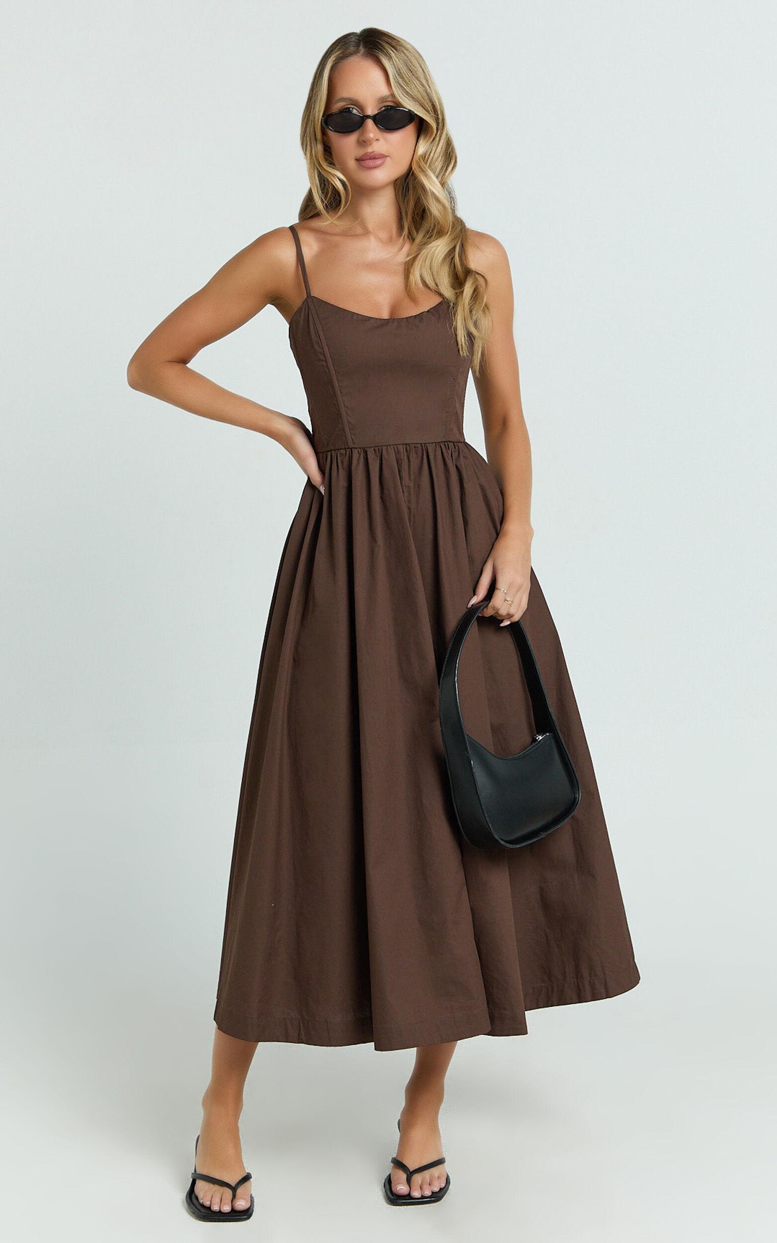 Braelyn Midi Dress - Scoop Neck Flare Dress in Chocolate Product Image