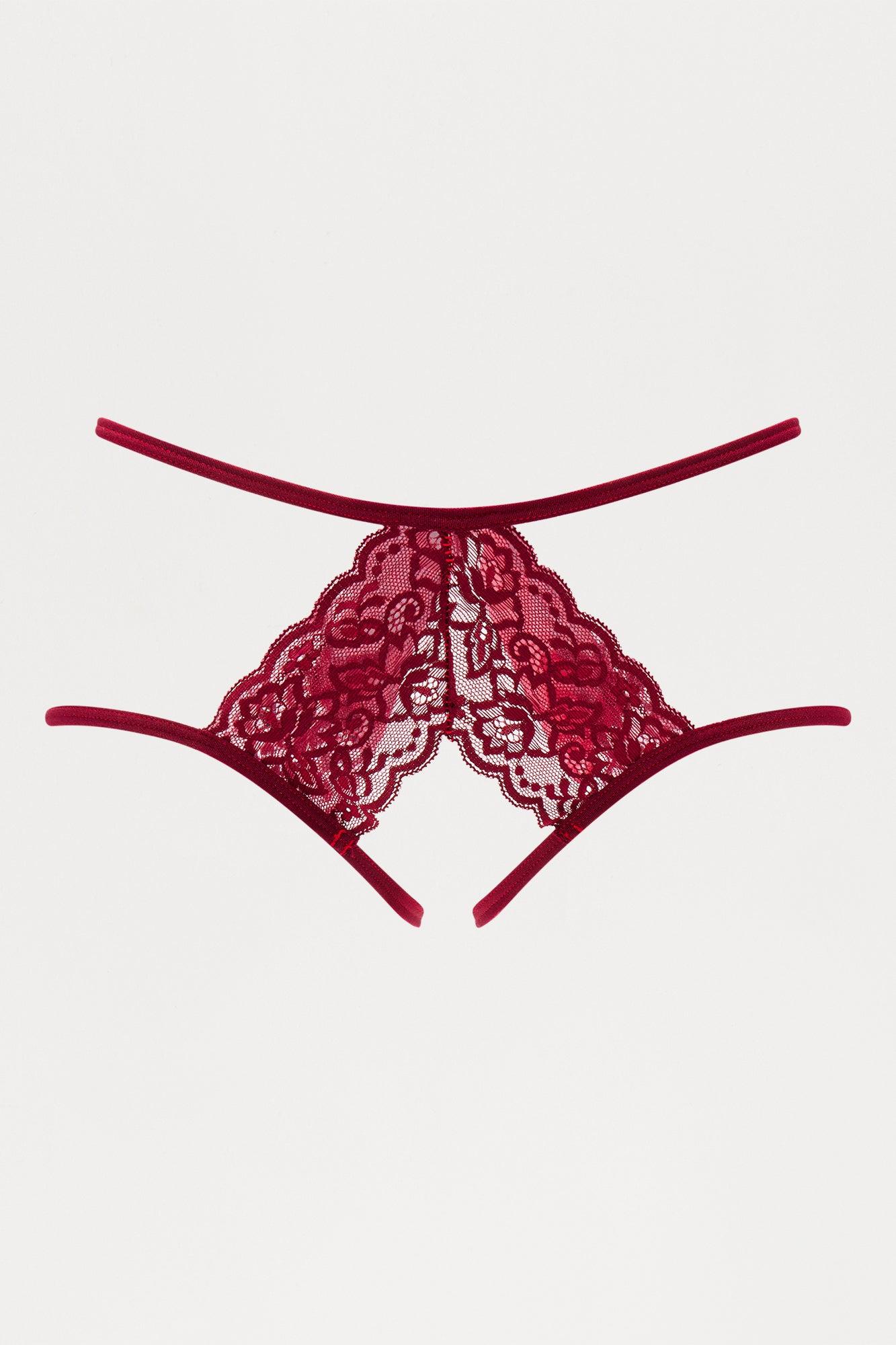 Riley Bow Lace Crotchless Hipster Panty - Wine Product Image