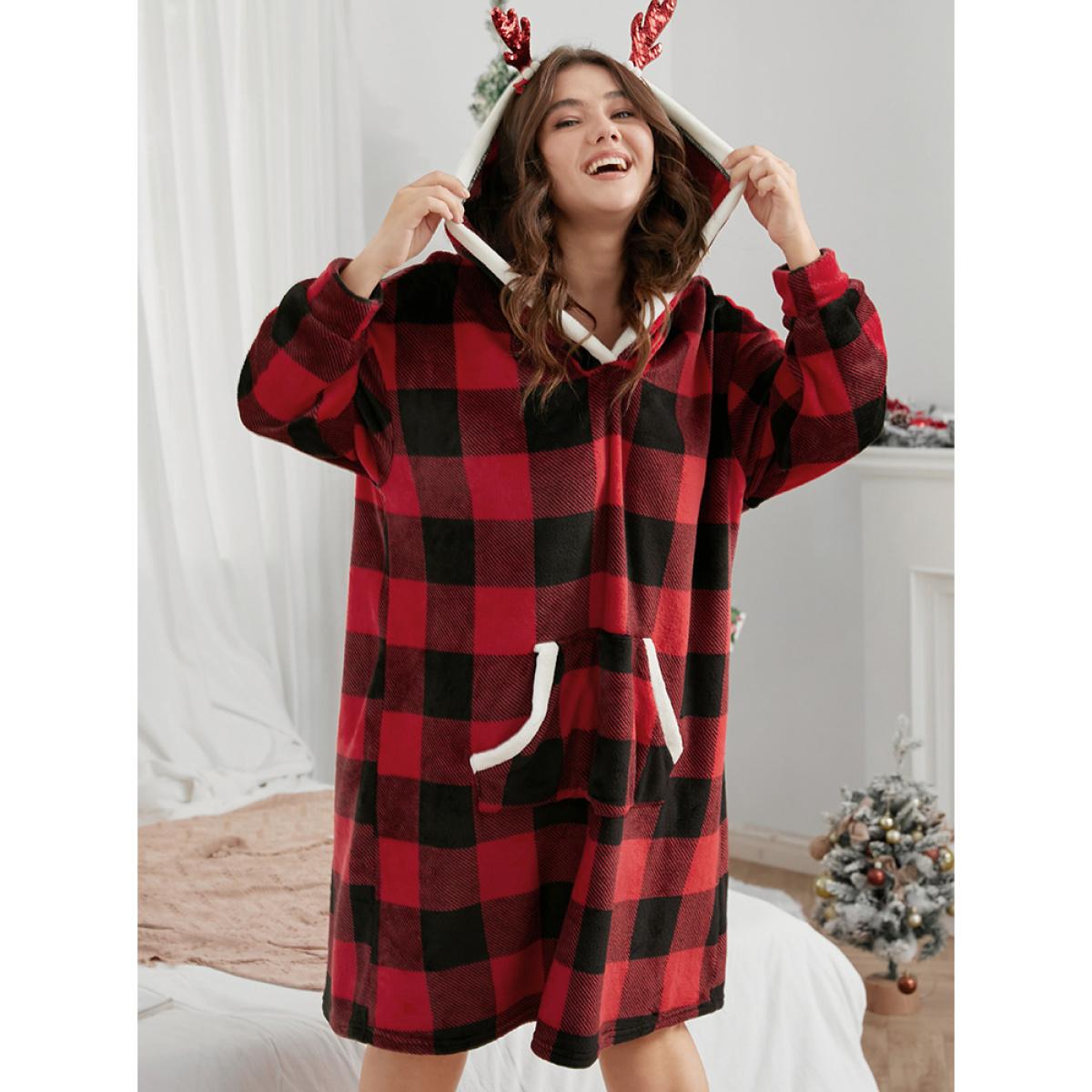 Plus Size Plaid Fuzzy Trim Pocket Hooded Dress Women Scarlet Casual Plaid Contrast Hooded Pocket Loungewear BloomChic 22-24/3X Product Image