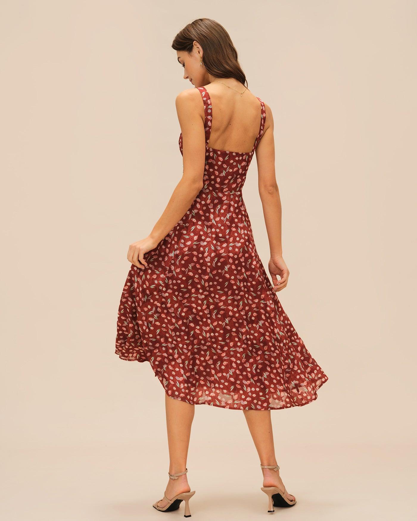 Wine Red Floral Slip Midi Dress Product Image