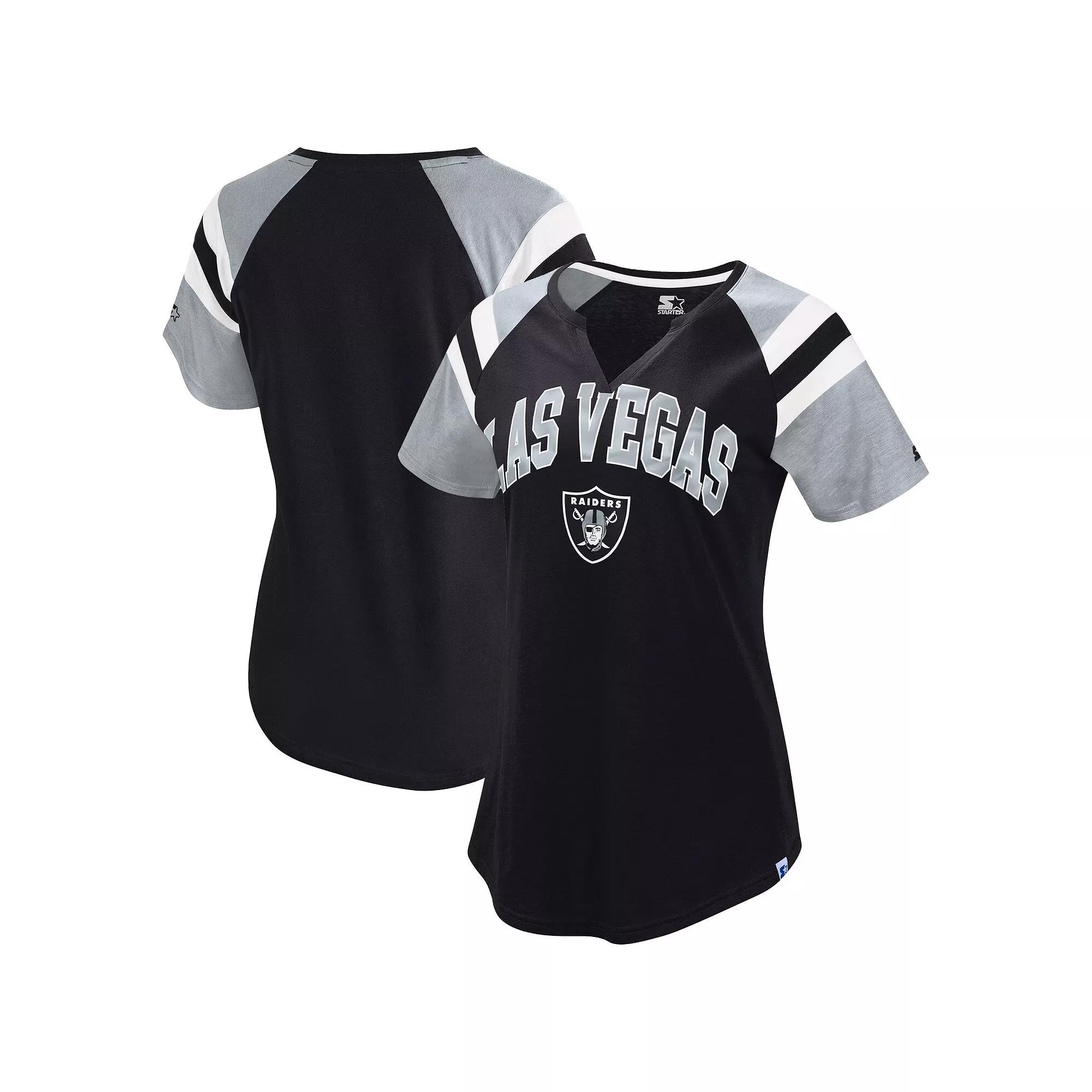 Women's Starter  Black Las Vegas Raiders Game On Notch Neck Raglan T-Shirt, Size: 2XL, Lvr Black Product Image