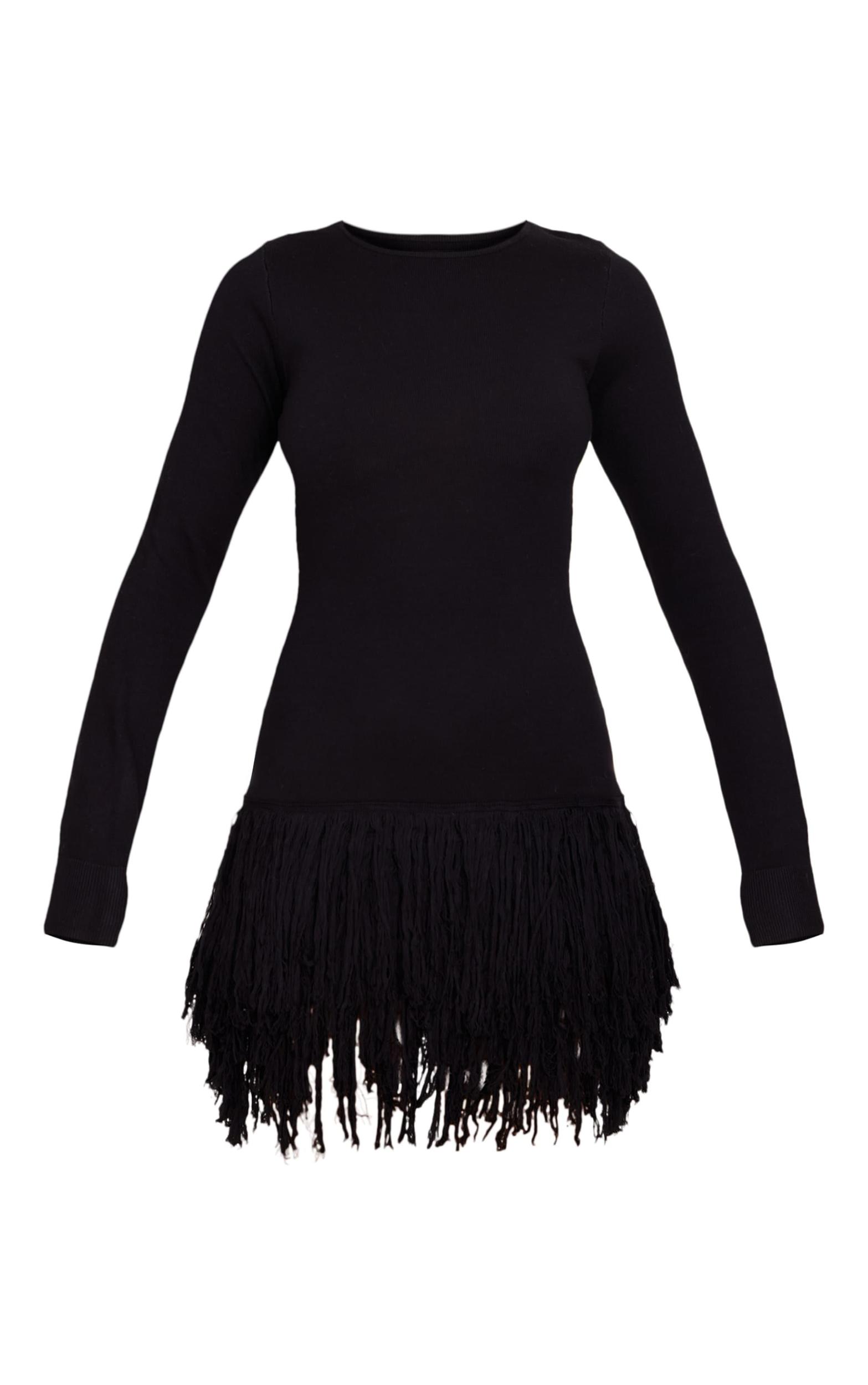 Black Fine Knit Fringe Hem Long Sleeve Micro Mini Dress Product Image