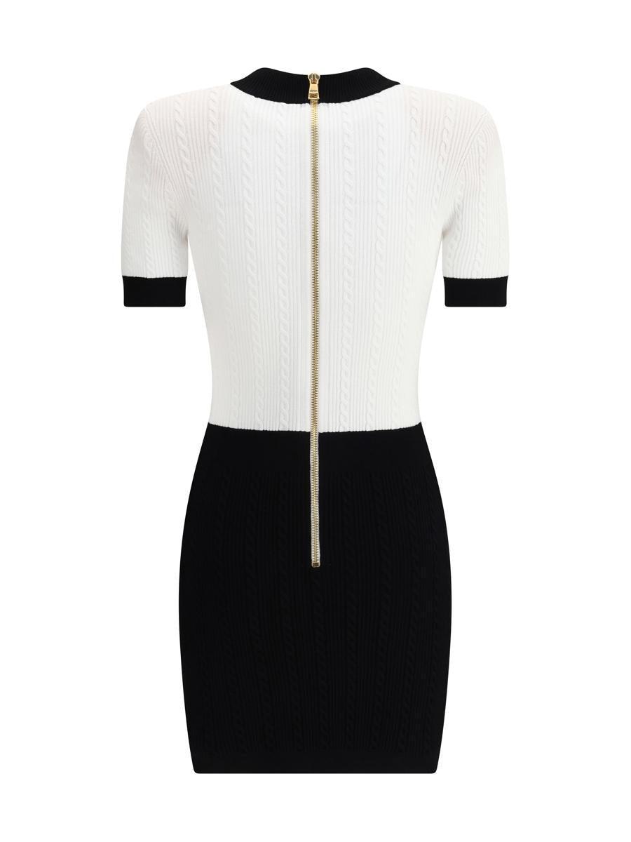 BALMAIN V-neck Buttoned Strong-shoulder Torsade Knit Mini Dress In White Product Image