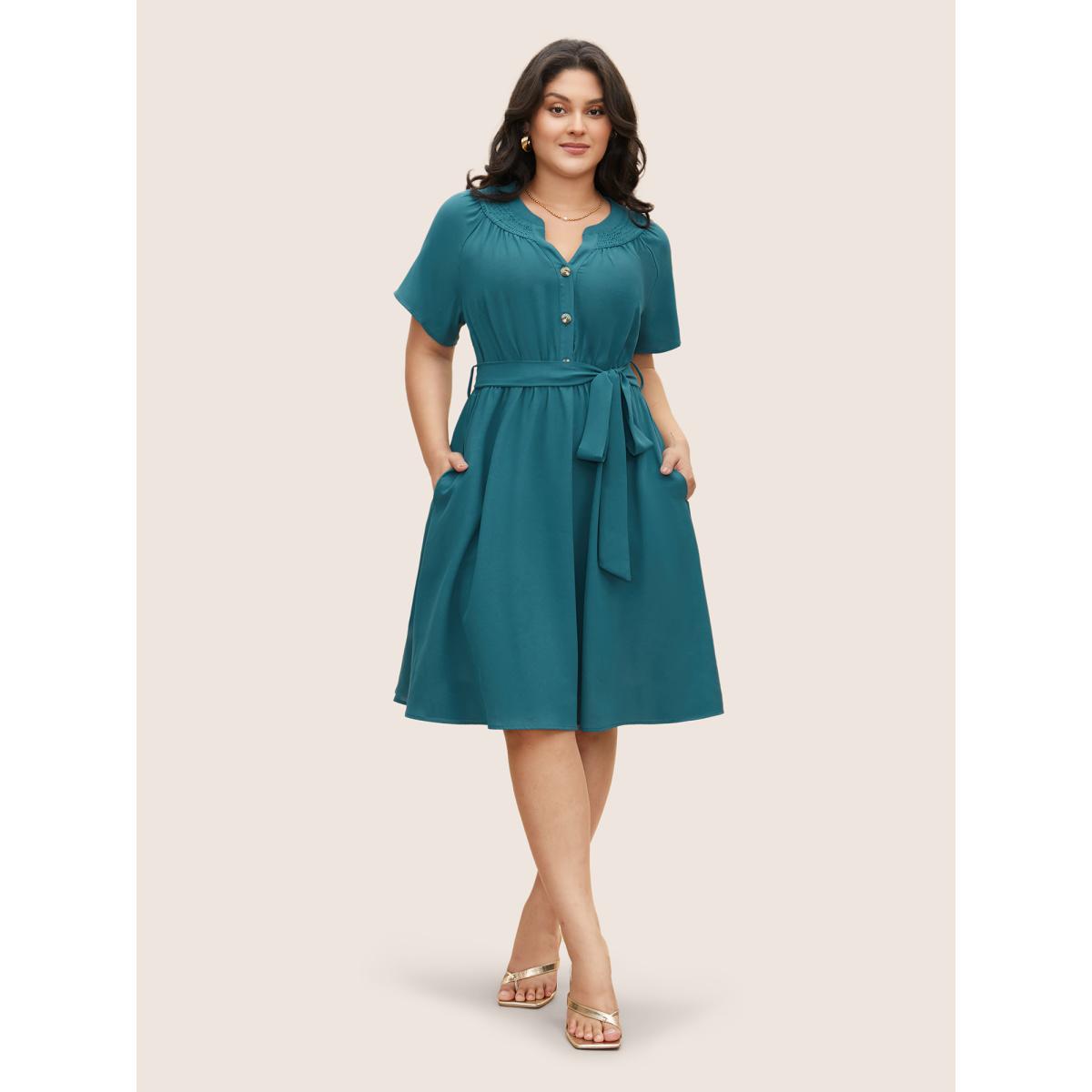 Plus Size Shirred Notched Button Up Belted Dress Aegean Women Elegant Gathered Flat collar with V-notch Short sleeve Curvy BloomChic 26/4X Product Image