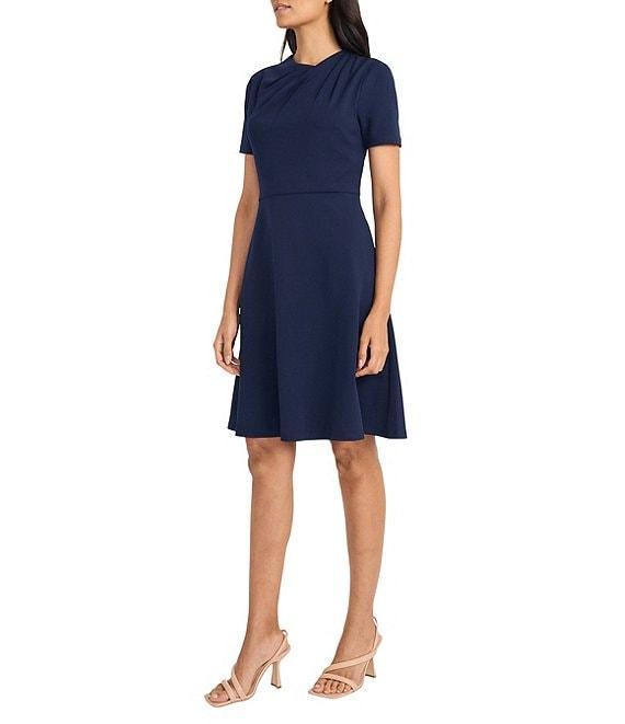 Maggy London Scuba Crepe Asymmetrical Crew Neck Short Sleeve A-Line Mini Dress Product Image
