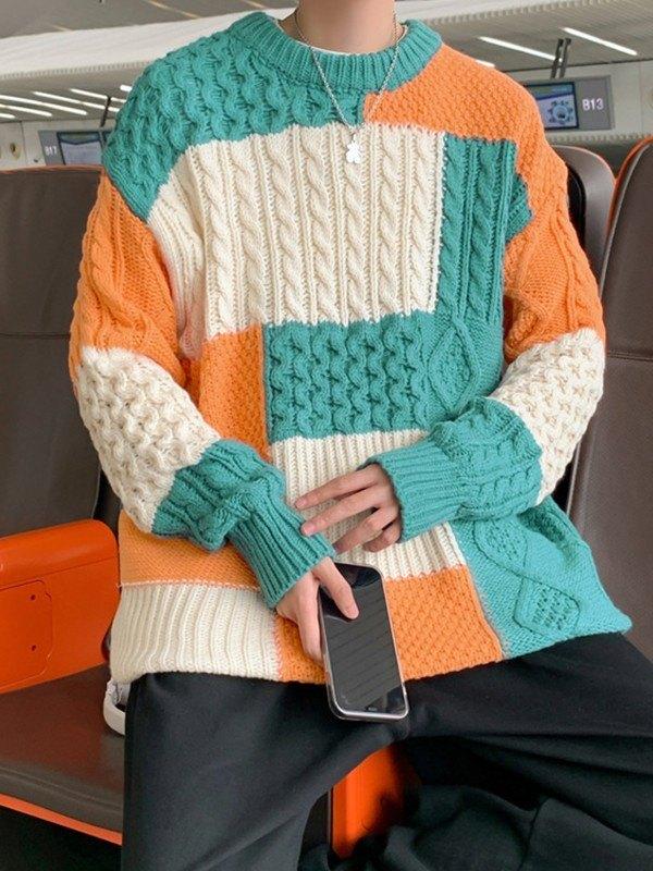 Men's Color Block Cable Knit Sweater Product Image