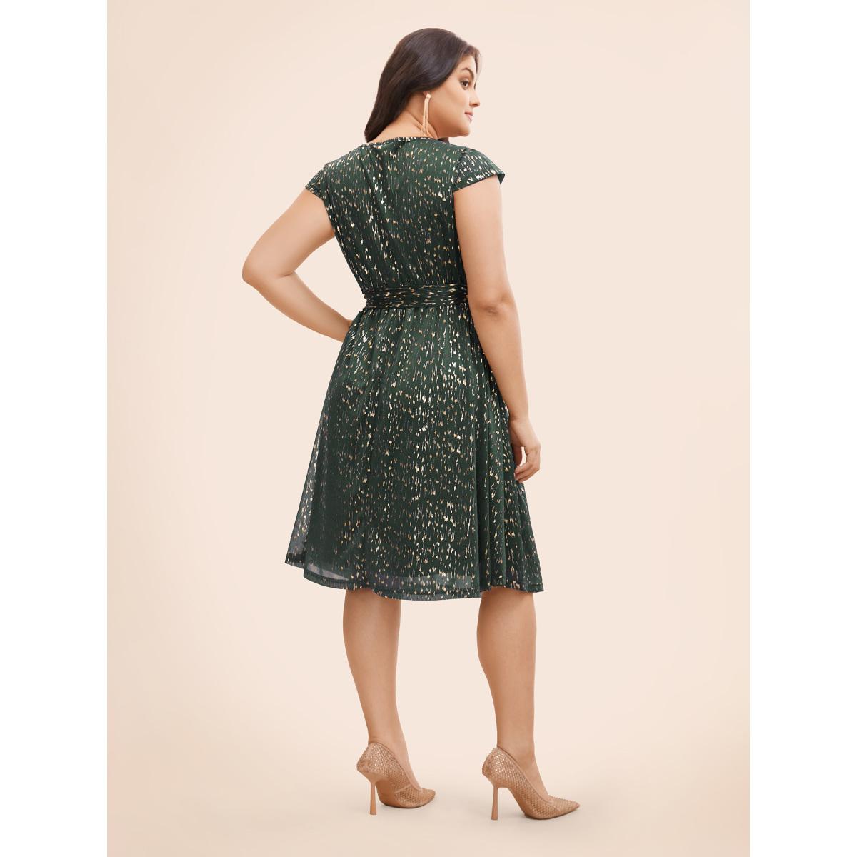 Plus Size Glitter Geometric Cap Sleeve Belted Dress DarkSlateGray Women Cocktail Texture V-neck Cap Sleeve Curvy BloomChic 22-24/3X Product Image