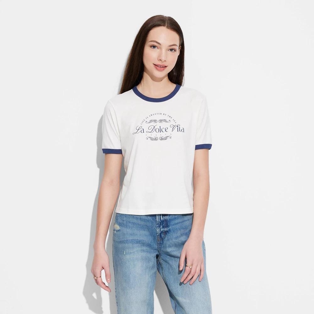 Women's La Dolce Vita Short Sleeve Graphic Ringer T-Shirt - White Product Image