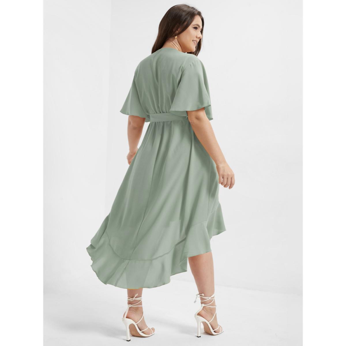Plus Size Bloom Dress - Solid Tie Surplice Ruffle High Low Dress LightGreen Women Elegant Cross straps V-neck Short sleeve Curvy Midi Dress BloomChic 14/1X Product Image