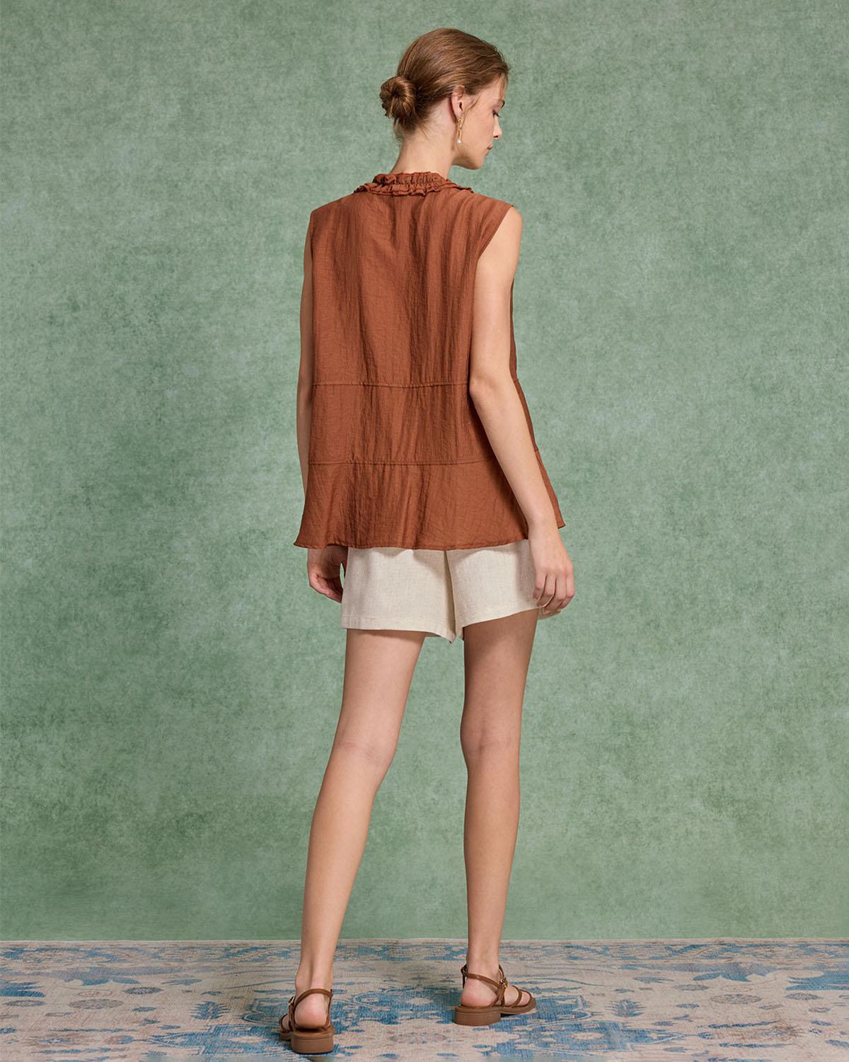 Brown V Neck Ruffle Tank Top Product Image