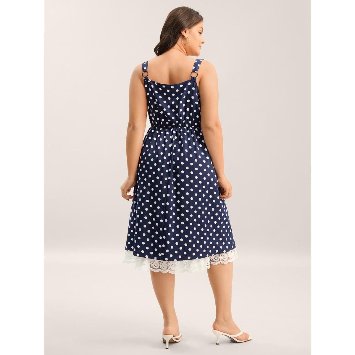Plus Size Polka Dots Print Adjustable Lace Midi Dress DarkBlue Women Non Sleeveless Curvy BloomChic 22-24/3X Product Image