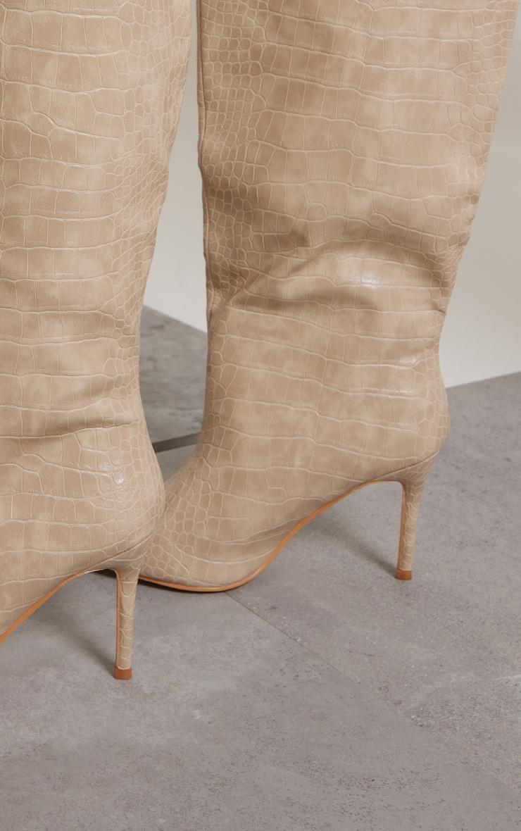 Cream PU Croc Detail Point Toe Stiletto Heeled Knee Boots Product Image