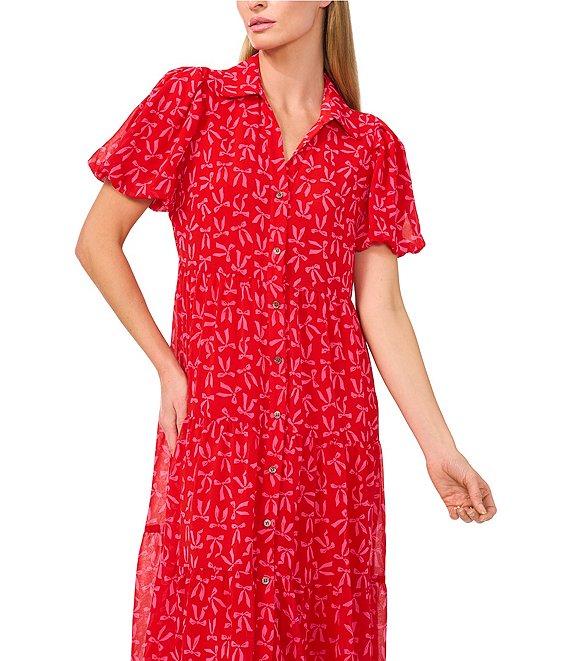 CeCe Gauze Chiffon Bow Print Point Collar Short Sleeve Tiered Midi Dress Product Image