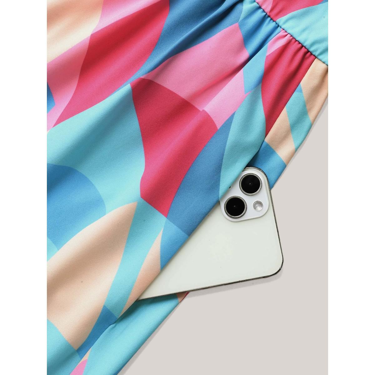 Plus Size Flutter Sleeve Color Block Shirred Stretchy Midi Dress Multicolor Women Casual Shirred Square Neck Cap Sleeve Curvy BloomChic 14-16/1X Product Image