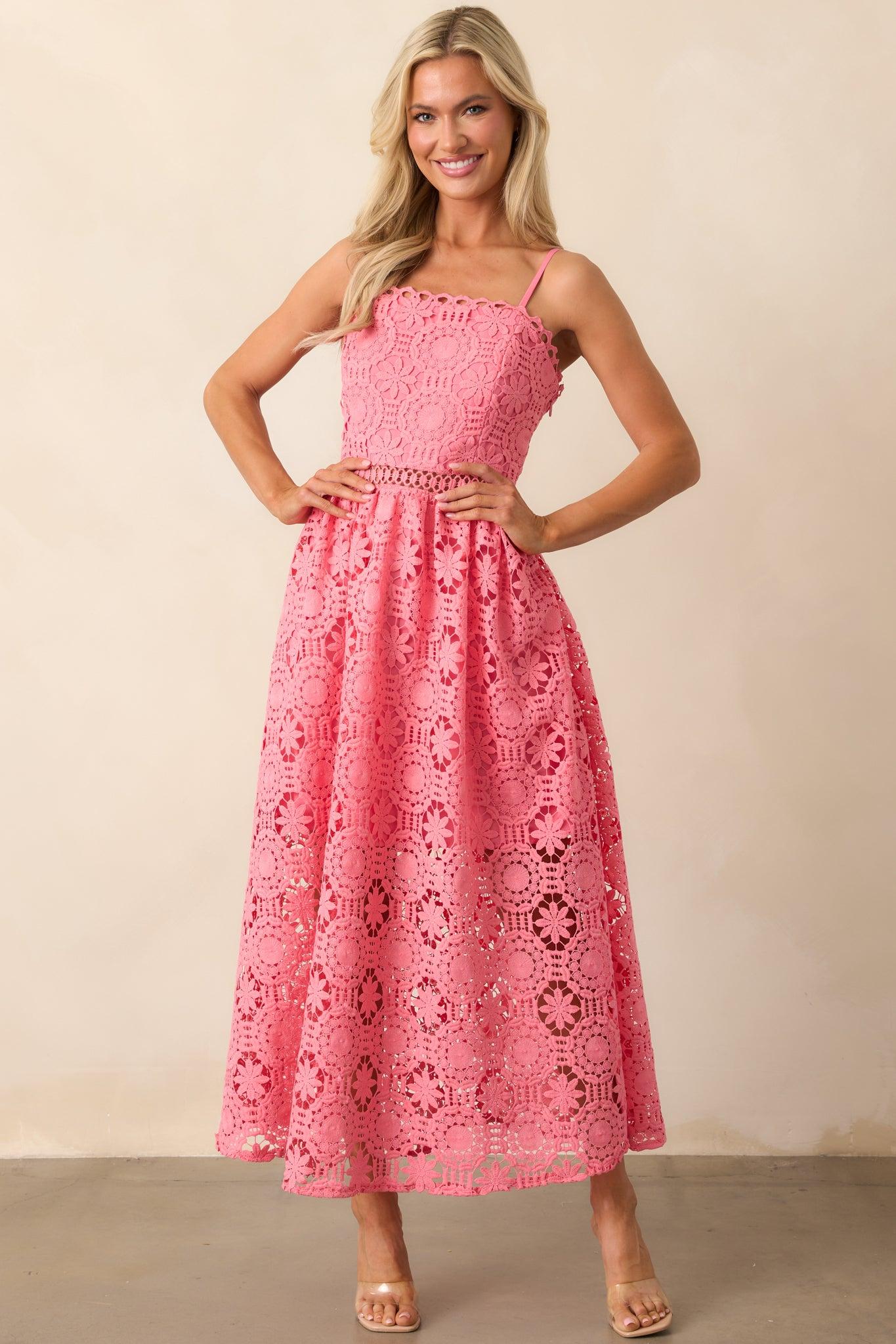 Sweet Moments Pink Coral Floral Embroidered Maxi Dress Product Image
