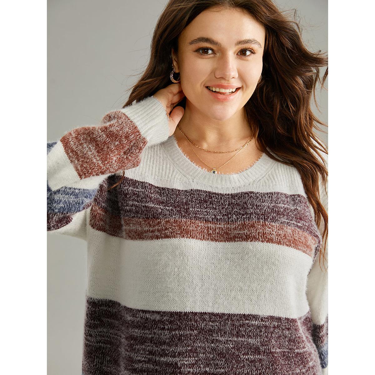 Plus Size Colorblock Fuzzy Drop Shoulder Pullover Multicolor Women Casual Loose Long Sleeve Round Neck Dailywear Pullovers BloomChic 18-20/2X Product Image