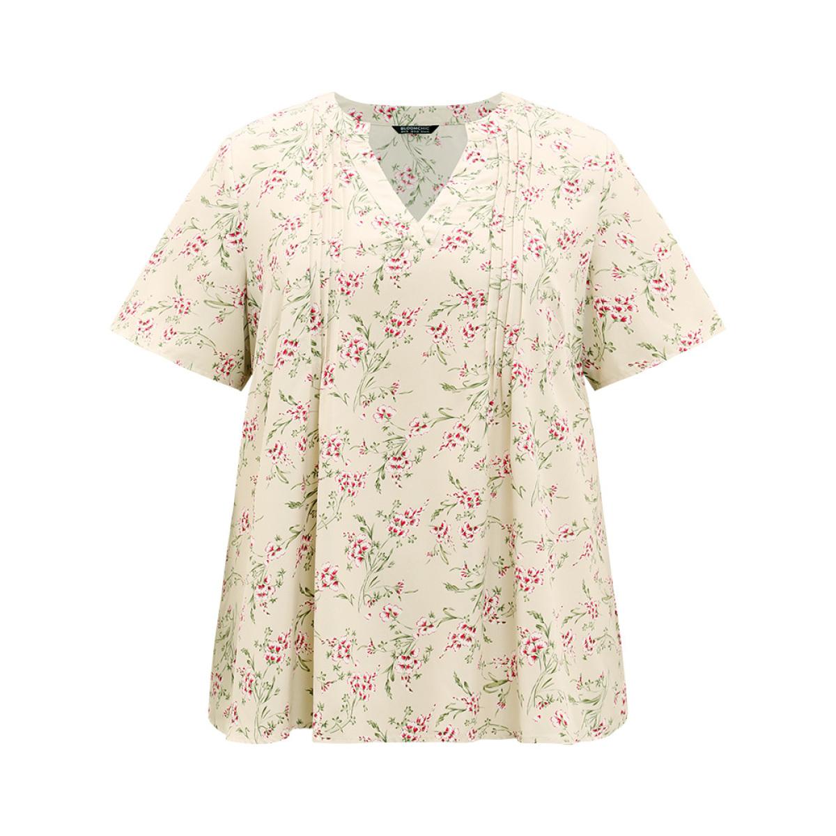Plus Size Beige Floral Print Notched Pleated Detail Blouse Women Elegant Short sleeve Notched collar Dailywear Blouses BloomChic 12/L Product Image