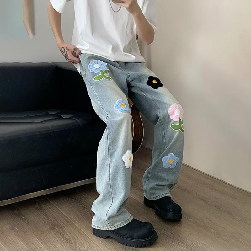 Sopula Hiphop Street Flower Embroidered Straight Jeans Product Image