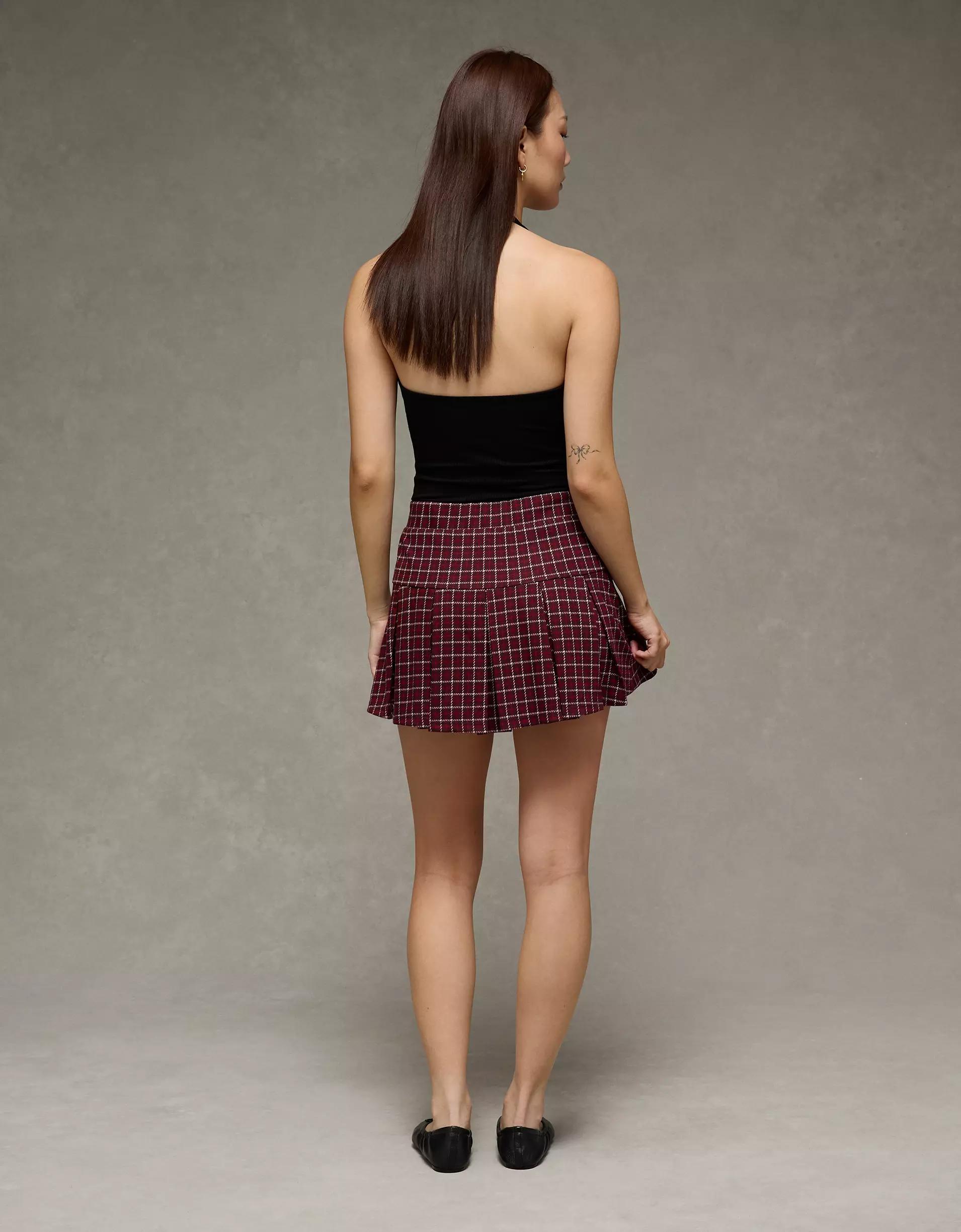 AE It Knit Low-Rise Pleated Plaid Skort Product Image