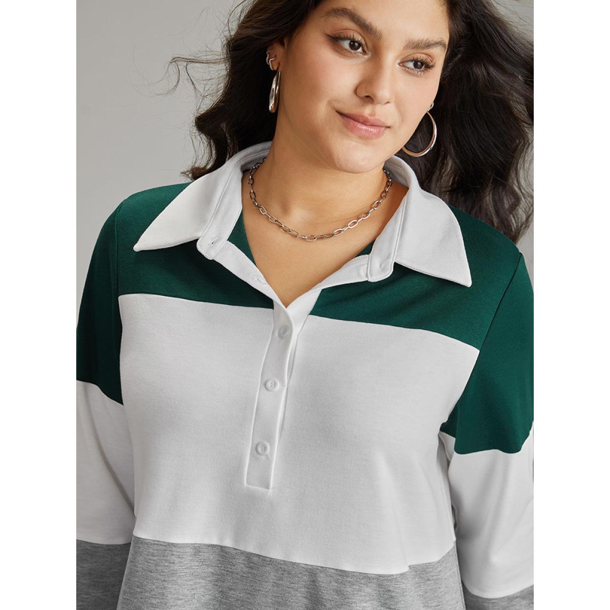 Plus Size Colorblock Contrast Button Up Polo Sweatshirt Women Multicolor Casual Contrast Polo Dailywear Sweatshirts BloomChic 10/M Product Image
