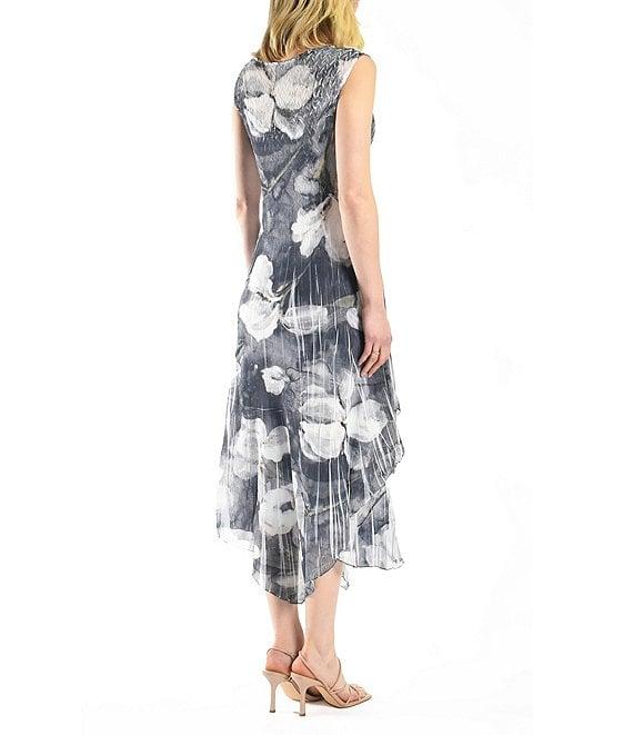 Komarov Charmeuse Chiffon Pleated Boat Neck Sleeveless Hanky Hem Midi Dress Product Image