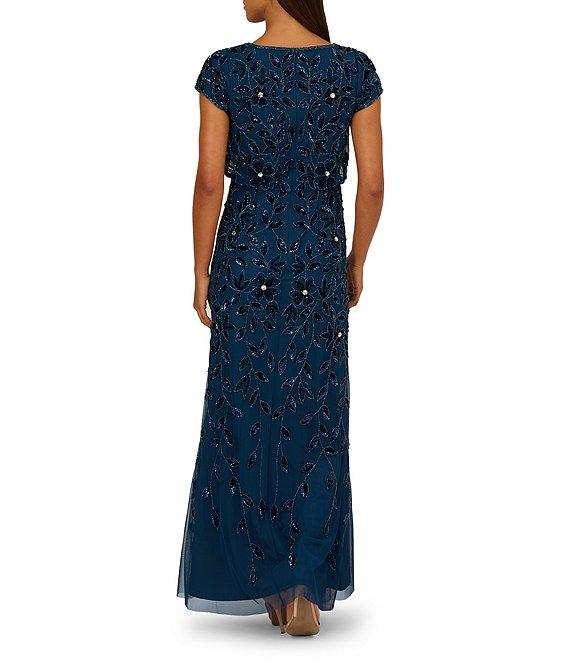 Adrianna Papell Beaded Mesh Crew Neck Short Sleeve Blouson Long Dress Product Image
