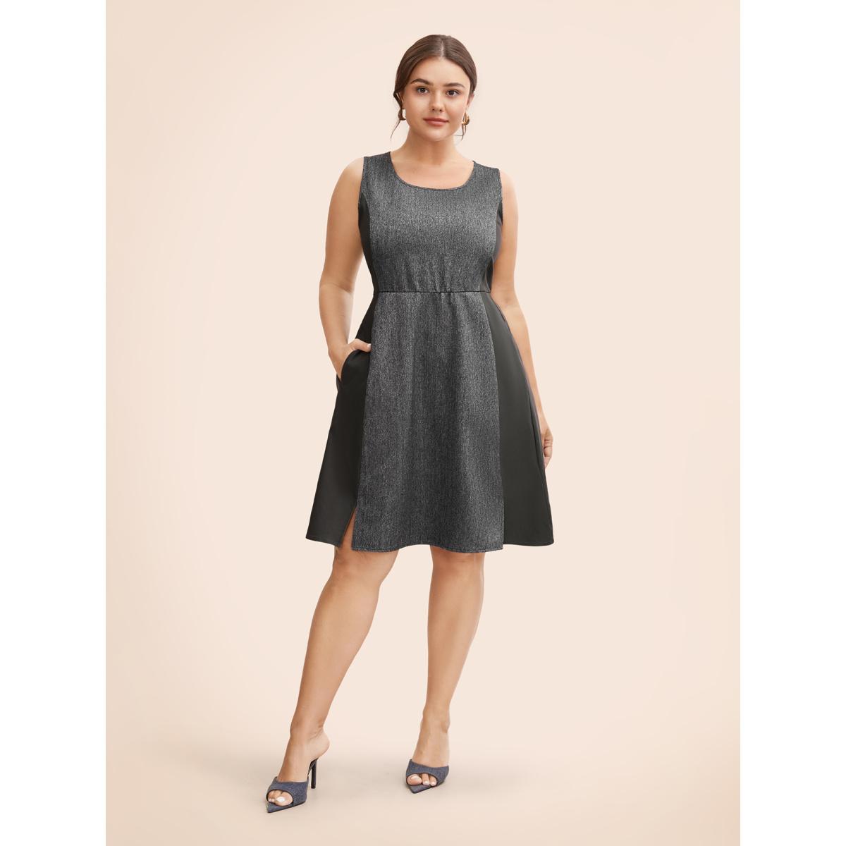 Plus Size Stretch Woven Seamed Fiited Midi Dress Black Women At the Office Contrast Round Neck Sleeveless Curvy BloomChic 28/5X Product Image