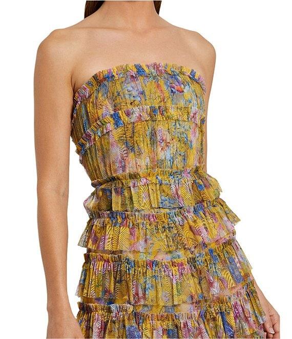 Mac Duggal Mesh Floral Print Strapless Neck Sleeveless Micro Ruffle A-Line Midi Dress Product Image