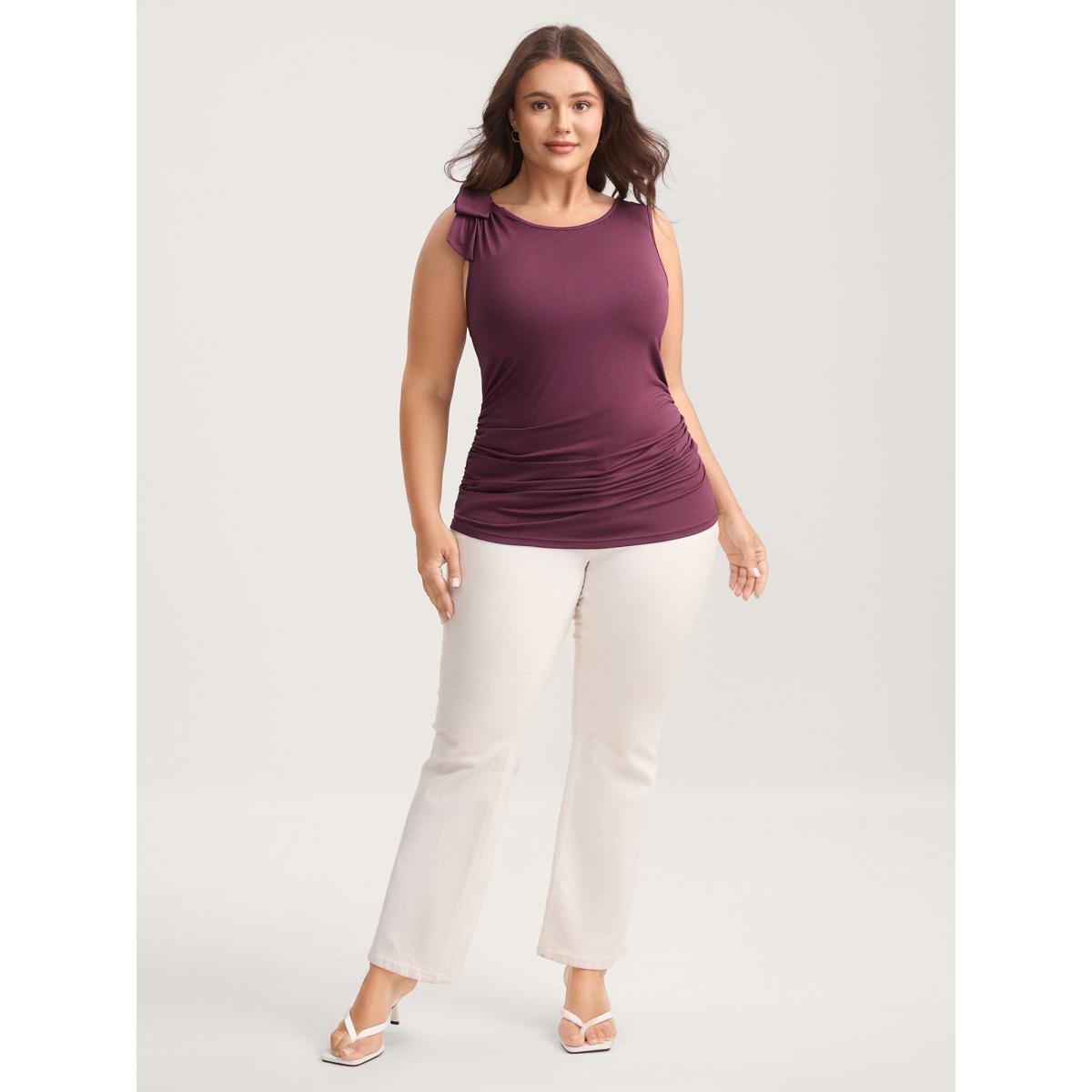 Plus Size Bow-Tie Ruched Waist Solid Tank Top Women Plum Tie knot Round Neck Everyday-Elegant Tank Tops Camis BloomChic 18-20/2X Product Image