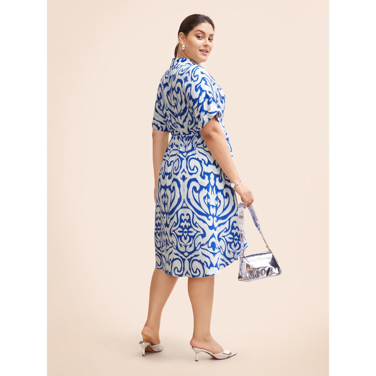 Plus Size Boho Print Button Detail Cuffed Sleeve Dress Beige Women At the Office Gathered Shirt collar Short sleeve Curvy BloomChic 18-20/2X Product Image