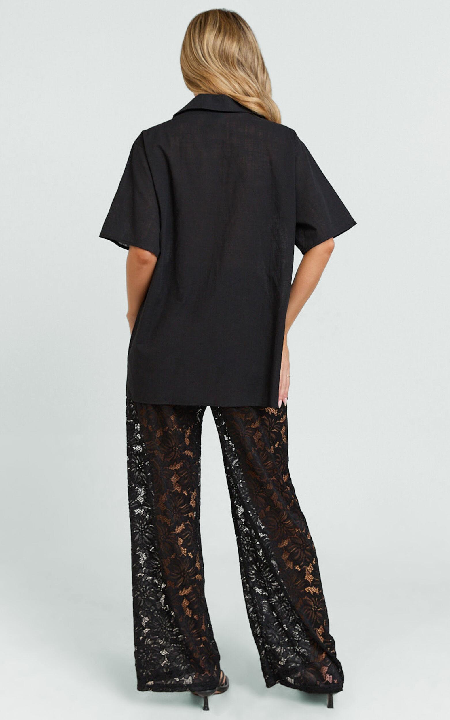Jemma Two Piece Set - Relaxed Shirt and Lace Pants Set in Black Product Image