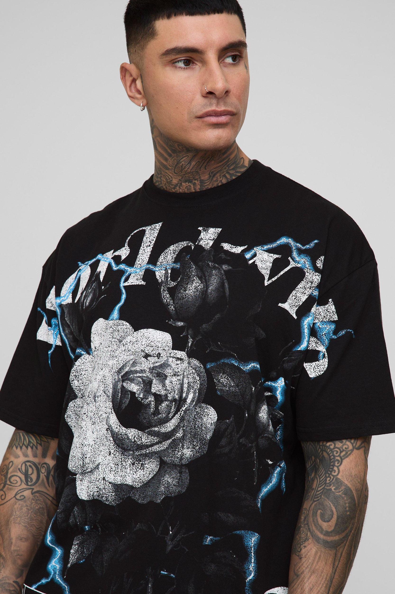 Tall Oversized Worldwide Floral Over The Seam Print T-Shirt | boohooMAN USA Product Image