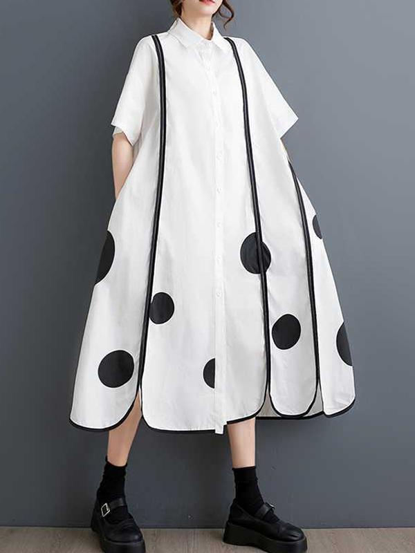 A-Line Half Sleeves Buttoned Pockets Polka-Dot Split-Front Split-Joint Lapel Midi Dresses Shirt Dress Product Image