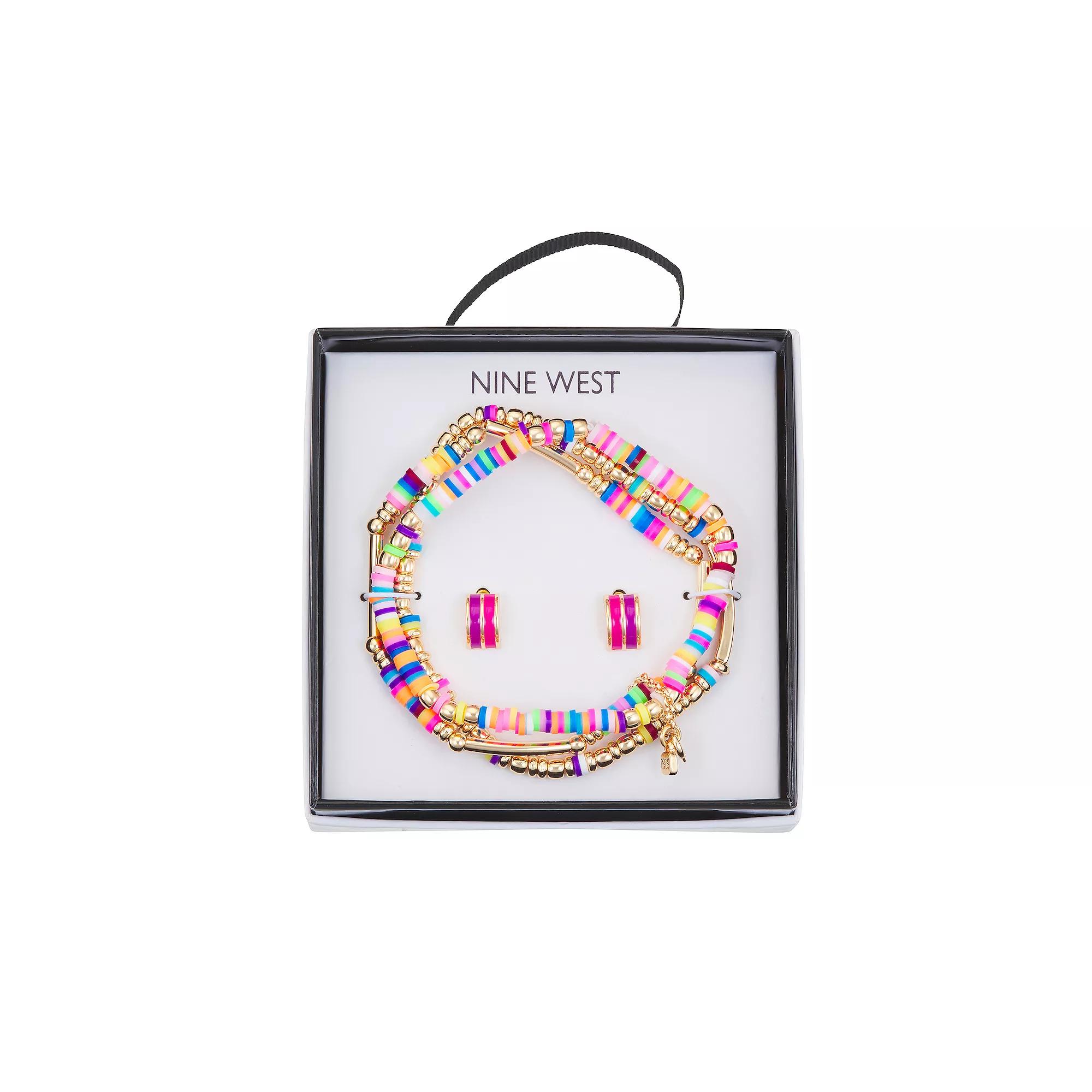 Nine West Gold Tone Colorful 3 Row Beaded Bracelet & Stud Earring Set, Women's, Multi Product Image