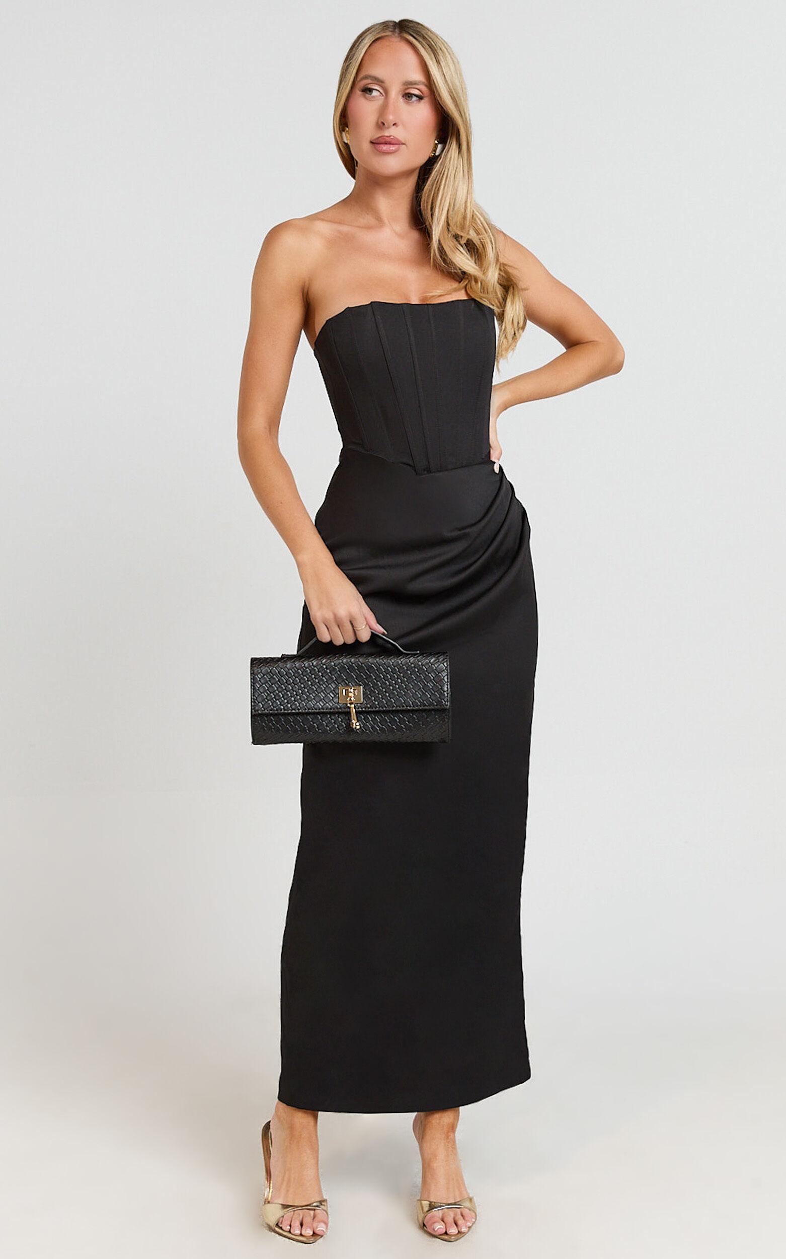 Avery Midi Dress - Strapless Draped Side Split Dress in Black Product Image