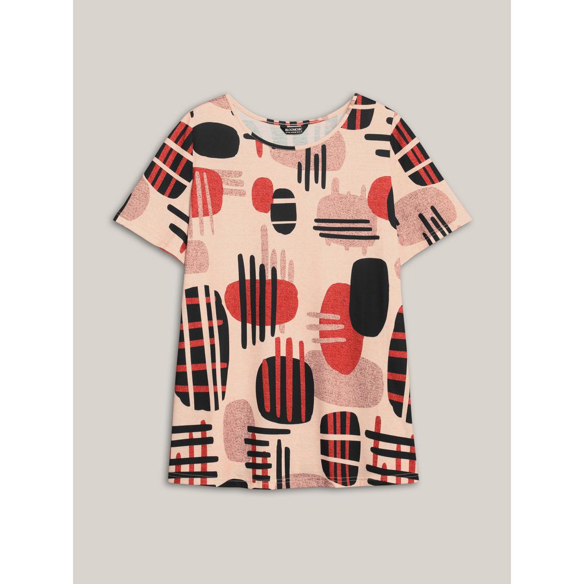 Plus Size Geometric Print Round Neck Fitted T-Shirt Multicolor Women Casual Contrast Round Neck Everyday T-shirts BloomChic 30/6X Product Image