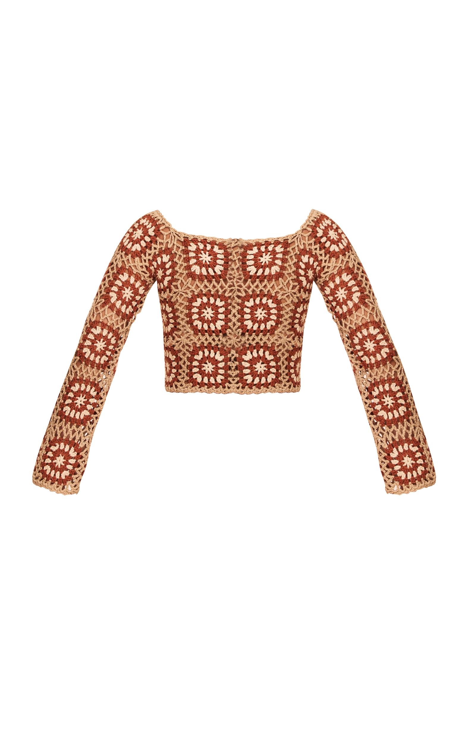 Petite Stone Crochet Knit Long Sleeve Top Product Image