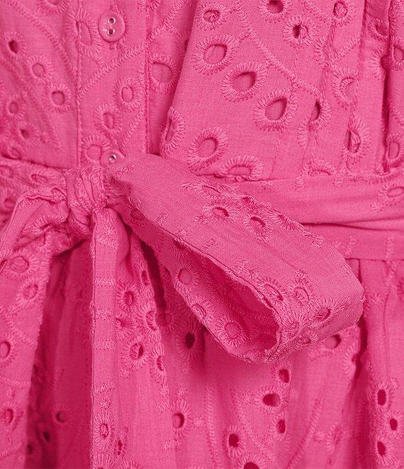 Gibson & Latimer Eyelet Split Round Neck Elbow Puff Sleeve Button Down Belted Scallop Hem Pocketed A-Line Dress Product Image