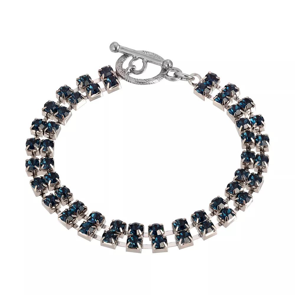 1928 Silver Tone Dark Blue 2 Row Rhinestone Toggle Bracelet, Women's Product Image