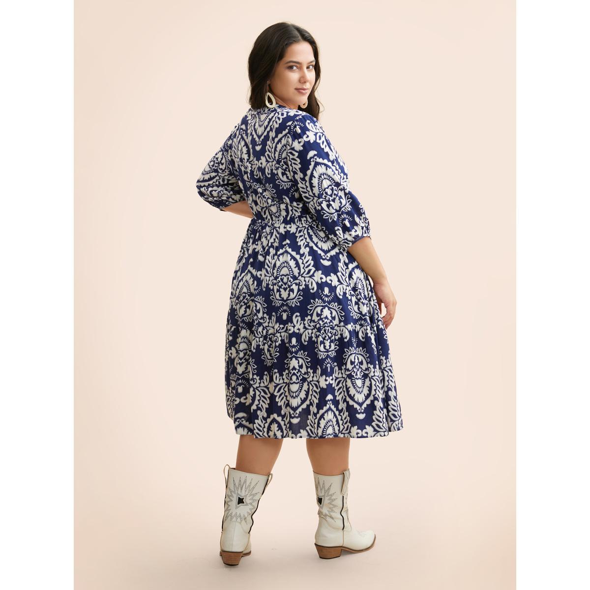 Plus Size Damask Print Tie Knot Puff Sleeve Dress Indigo Women Resort Tie knot V-neck Elbow-length sleeve Curvy BloomChic 28/5X Product Image