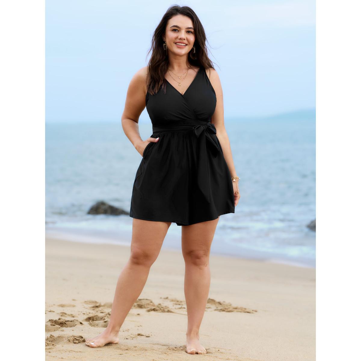 Plus Size Surplice Neckline Belted Plain One-Piece Swimsuit Women's Swimwear Indigo Resort Tie knot Curve Bathing Suits High stretch One Pieces BloomChic 22-24/3X Product Image
