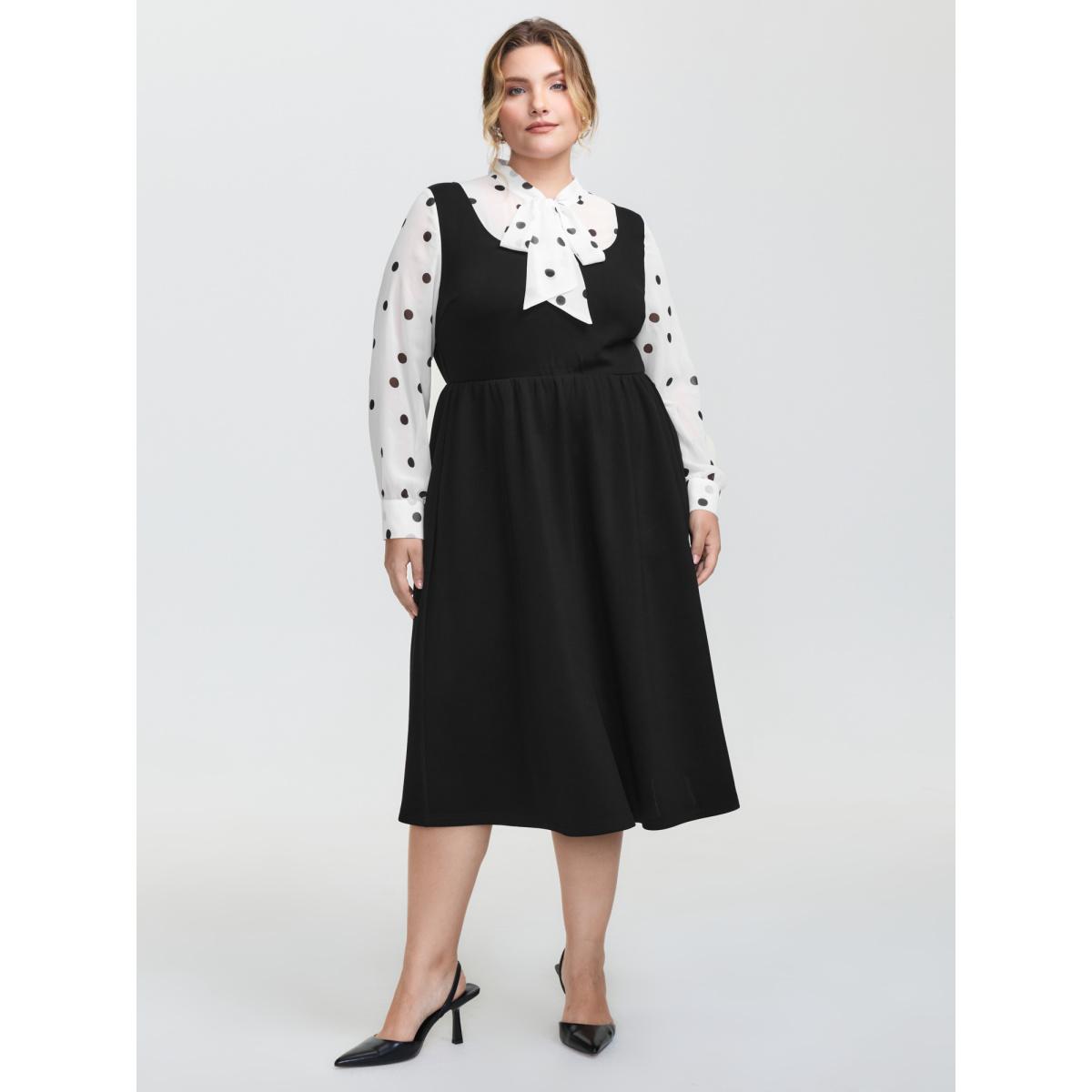 Plus Size Polka Dot Neck Tie Midi Dress Black Women Retro Ribbon-tied collar Long Sleeve Curvy BloomChic 28/5X Product Image