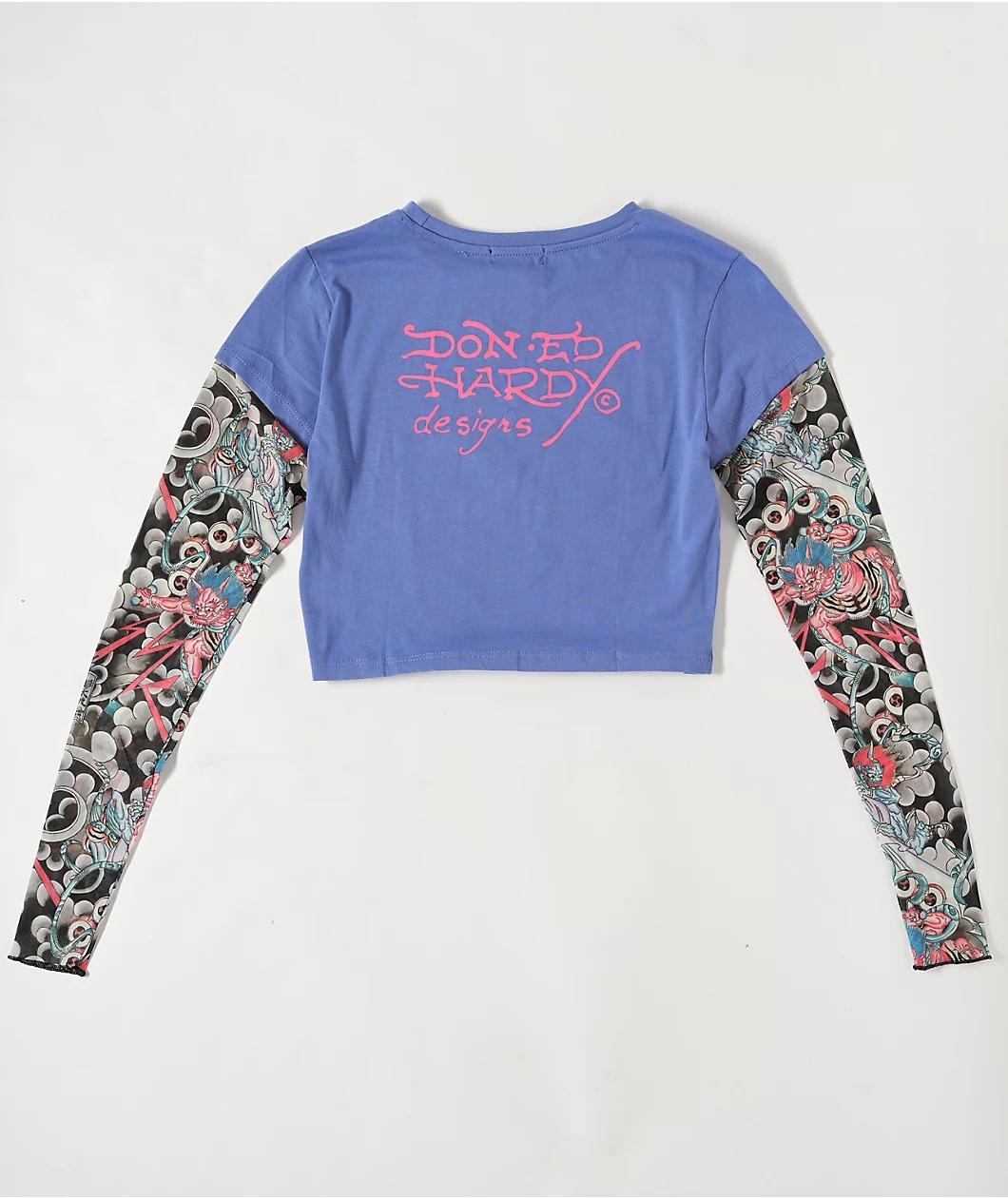 Ed Hardy Swallow 2fer Midnight Long Sleeve Crop T-Shirt Product Image