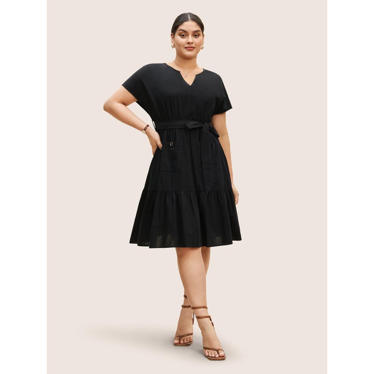 Plus Size Solid Patched Pocket Belted Batwing Sleeve Dress Black Women Work From Home Belted Notched collar Short sleeve Curvy BloomChic 14-16/1X Product Image