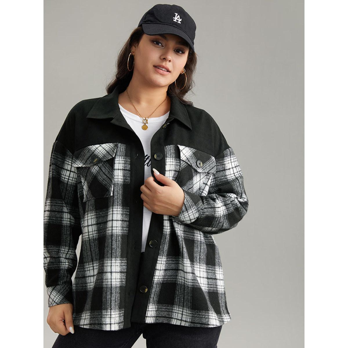 Plus Size Plaid Patchwork Patched Pocket Button Through Shacket Women Black Casual Contrast Ladies Dailywear Winter Coats BloomChic 18-20/2X Product Image