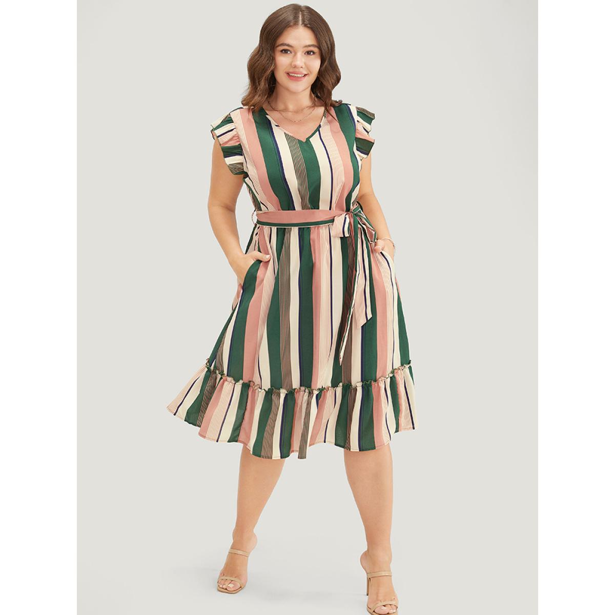Plus Size Striped Contrast Cap Sleeve Belted Pocket Ruffle Hem Dress Multicolor Women Vacation Contrast V-neck Cap Sleeve Curvy Knee Dress BloomChic 30/6X Product Image