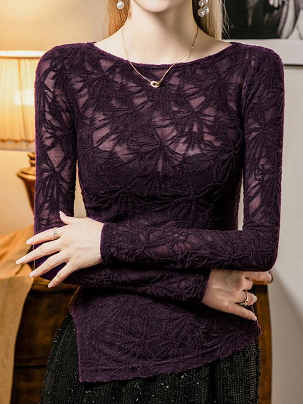 Long Sleeves Plus Size Hollow See-Through Solid Color Split-Side Round-Neck T-Shirts Tops Product Image