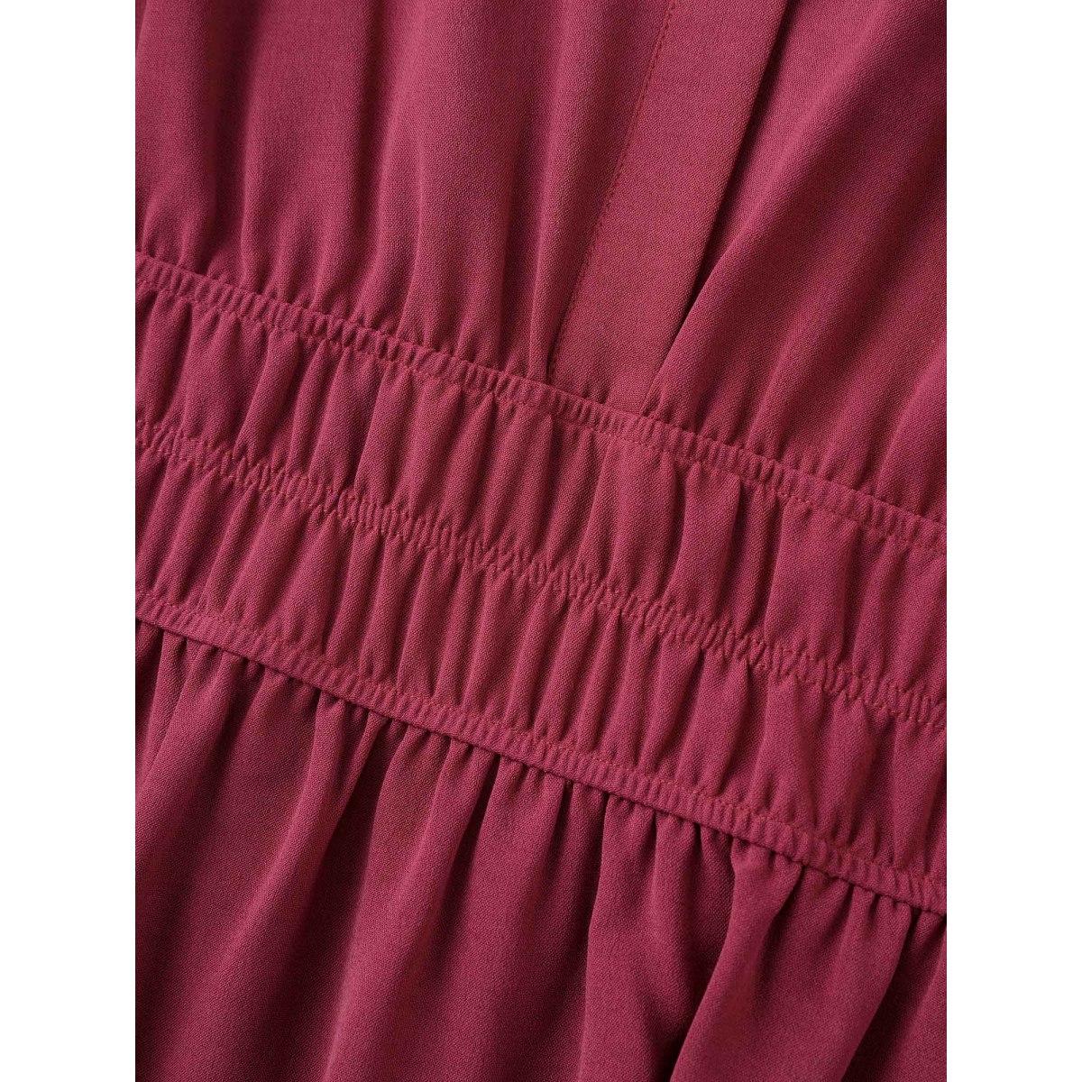 Plus Size Shirred Waist Split Neck Puff Sleeve Dress Burgundy Women At the Office Gathered Flat collar with V-notch Half Sleeve Curvy BloomChic 14-16/1X Product Image